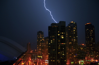 Lightning strike behind the buildings