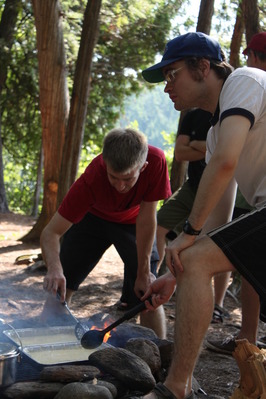 Cooking the eggs on the fire