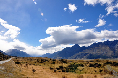 Driving away from Mt. Cook, so clear and yet so many clouds still around the peak in the far distance