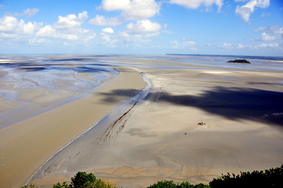 A group walking out over the flats to the island