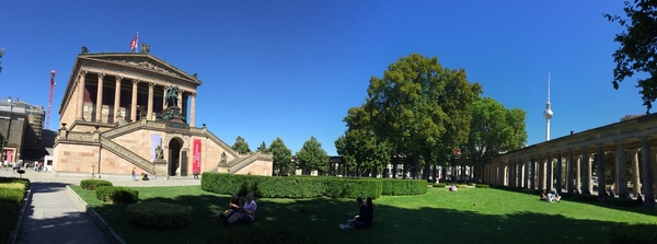 On the lawn in front of the museums
