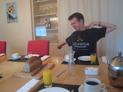 Waking up at breakfast before heading out to the festival
