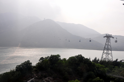 Riding the cable car up to Ngong Ping