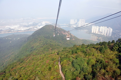 Riding the cable car up to Ngong Ping