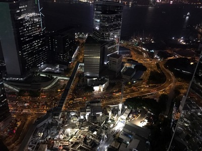 View from Cafe Gray after dark, you can see tents from the Umbrella protest movement