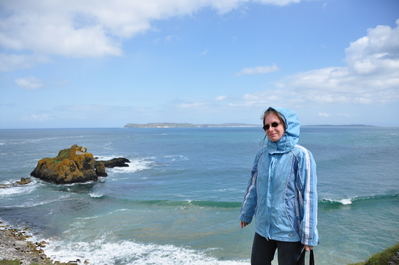 Kim at the coast at Carrick-a-Rede rope bridge