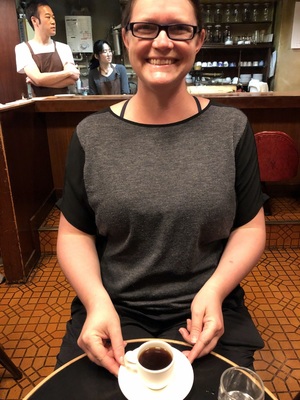 Sarah and her fancy coffee
