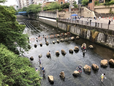 Kids in the river catching fish