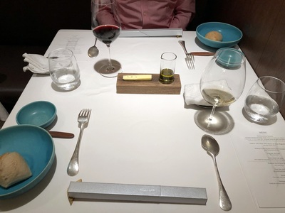 Bread and butter/olive oil with wine and gifted chopsticks