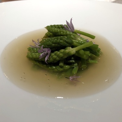Wild asparagus in ham broth