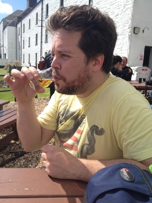 Sampling some Triplewood at Laphroig on picnic tables made by Dot and Don
