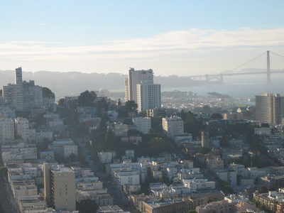 Golden Gate bridge with Lombard street visible in the City