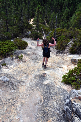 Sarah running down the peak on our way out