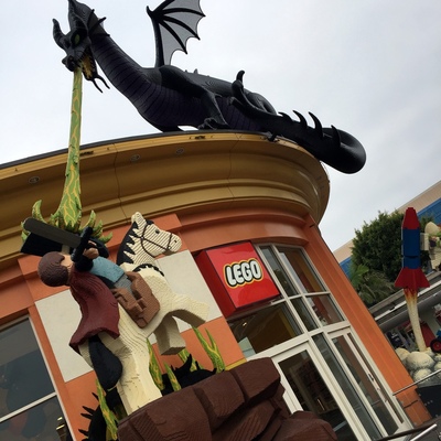 Huge lego sculpures at the Lego store just outside the park